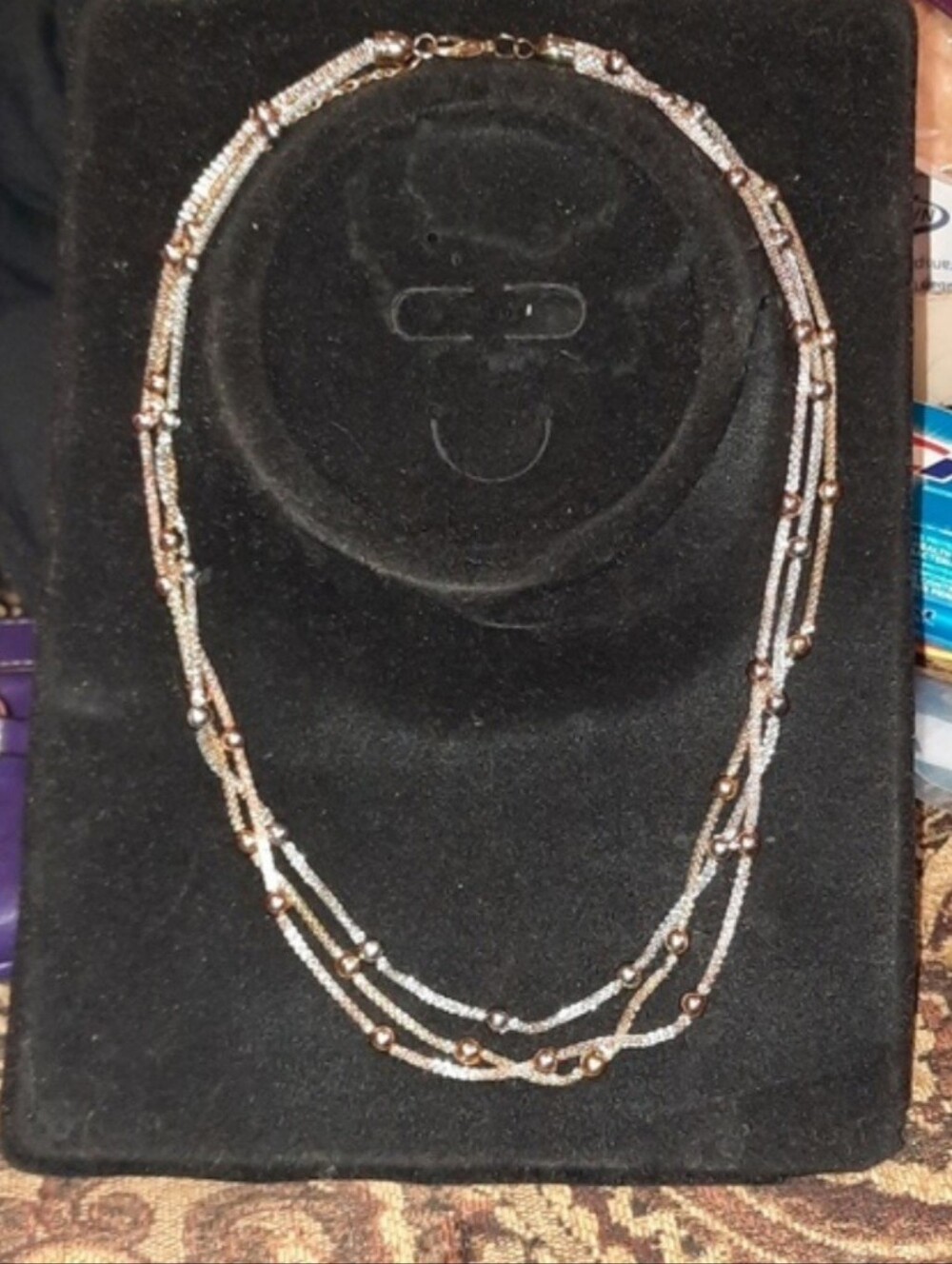 GORGEOUS Tri-tone Rose Silver Yellow Mesh & Balls Necklace 3 Row 20"-23"